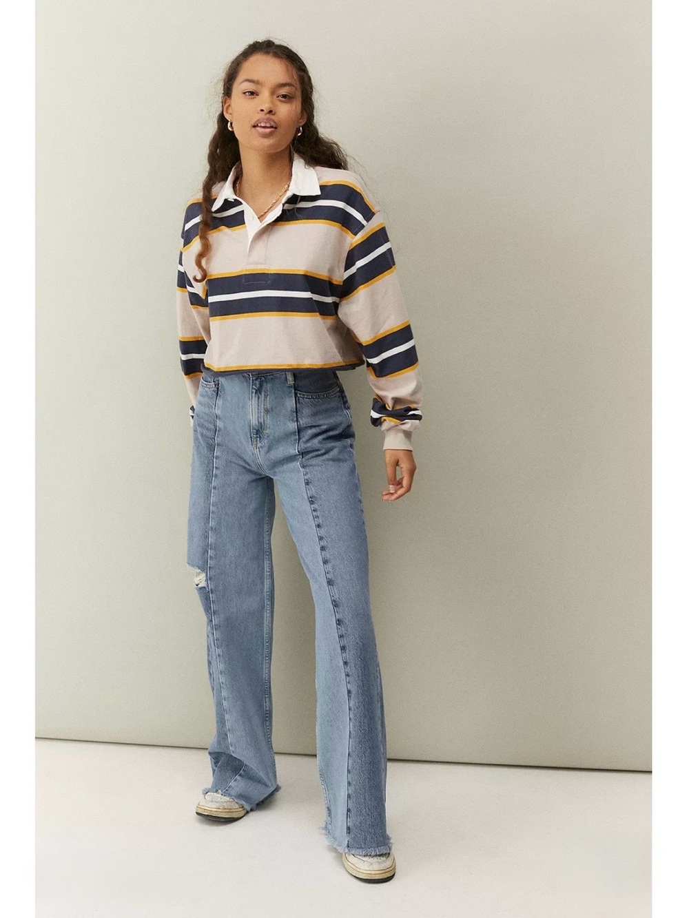 Urban Outfitters BDG Striped Jefferson Cropped Long Sleeve Rugby Polo Size Small - Picture 2 of 9